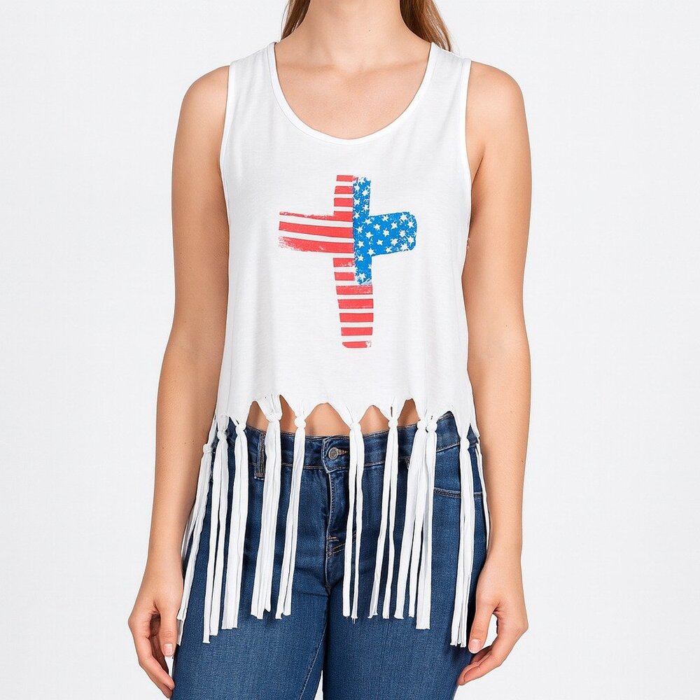 Scarlett Women’s White Fringe Tank Top Flag Cross Graphic 3X Patriotic Sleeveles